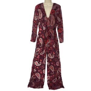 Chelsea & Violet Jumpsuit Medium Red Burnout Velvet Paisley Retro Boho Wide Leg